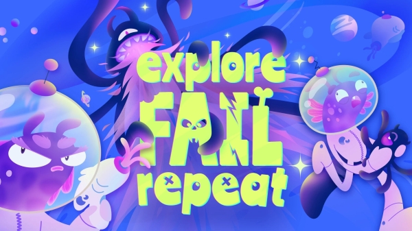 Animated
                                          figures, blue background. The text reads 