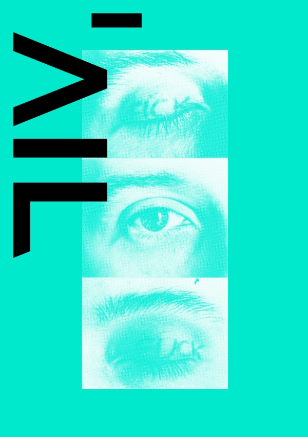 Event poster Angewandte Interdisciplinary Lab showing three eyes mit drei Augen with green bakcground