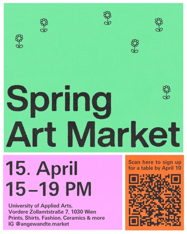 Text auf grünem Hintergrund: Spring Art Market, Datum
                                          und QR Code
