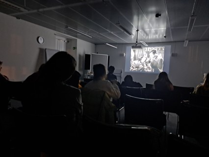 View of a screen with a still from the Third Man film